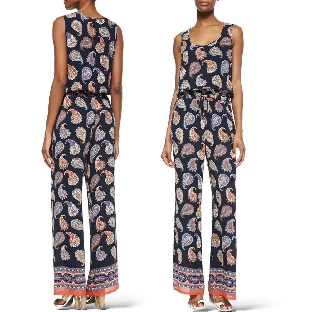 TORY BURCH 100% Silk Paisley Jumpsuit Sleeveless Blue Boho Wide Leg Cottagecore